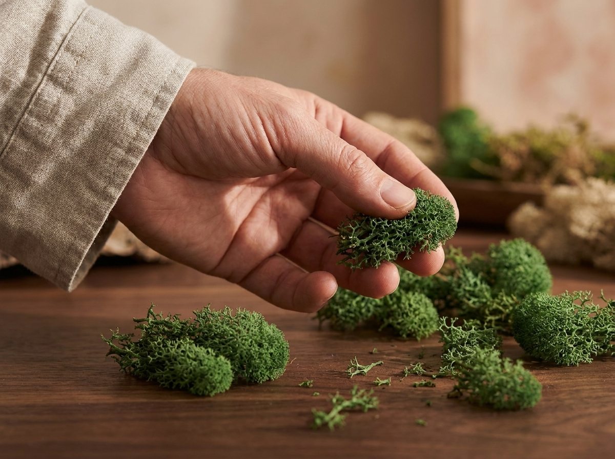 A preserved lichen tuft held by hand