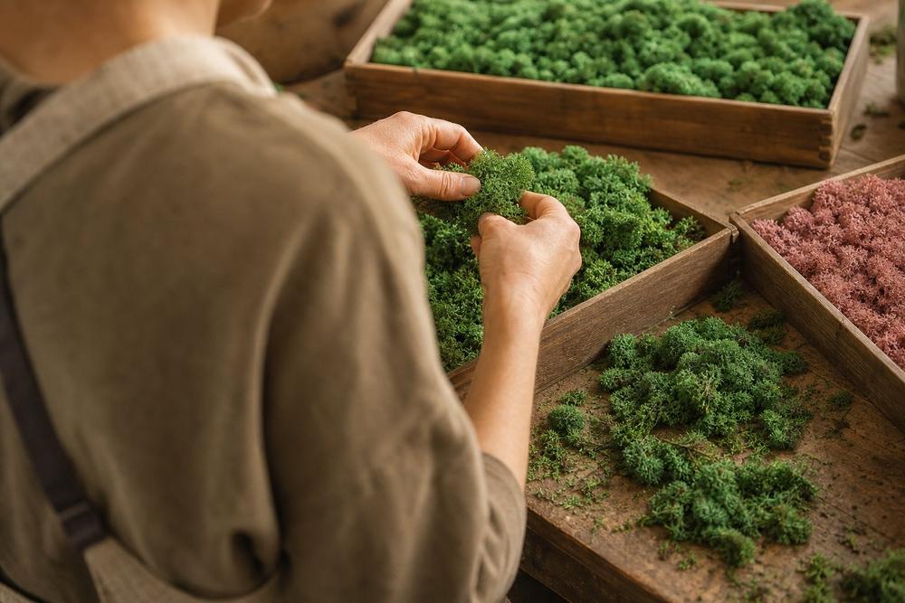 Sorting preserved moss by hand