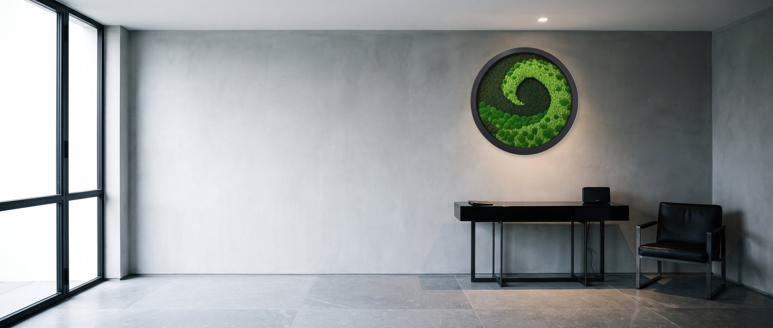 A round moss piece on a plaster wall