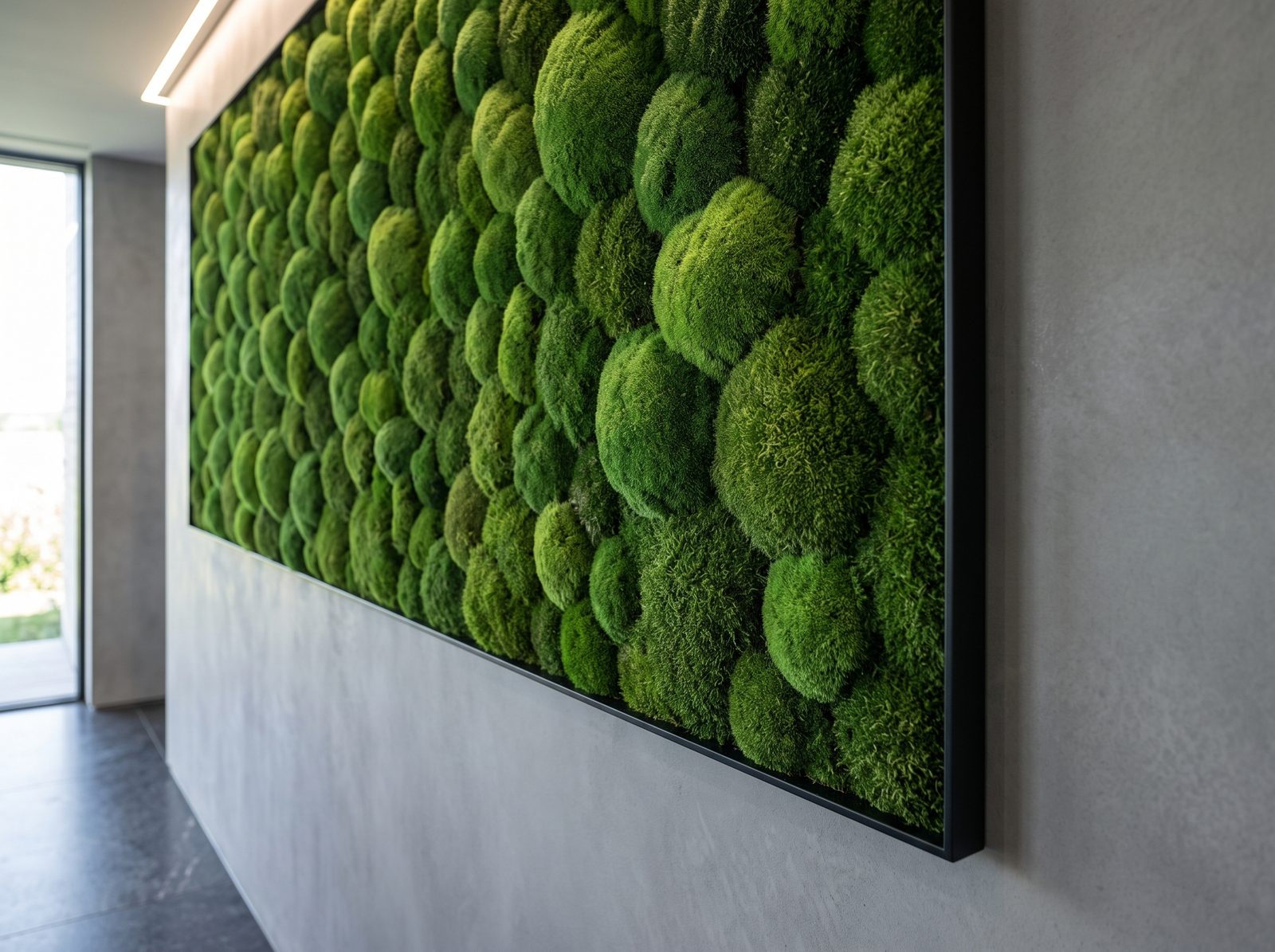 Design study: ball moss in a slim black frame, seen along the wall
