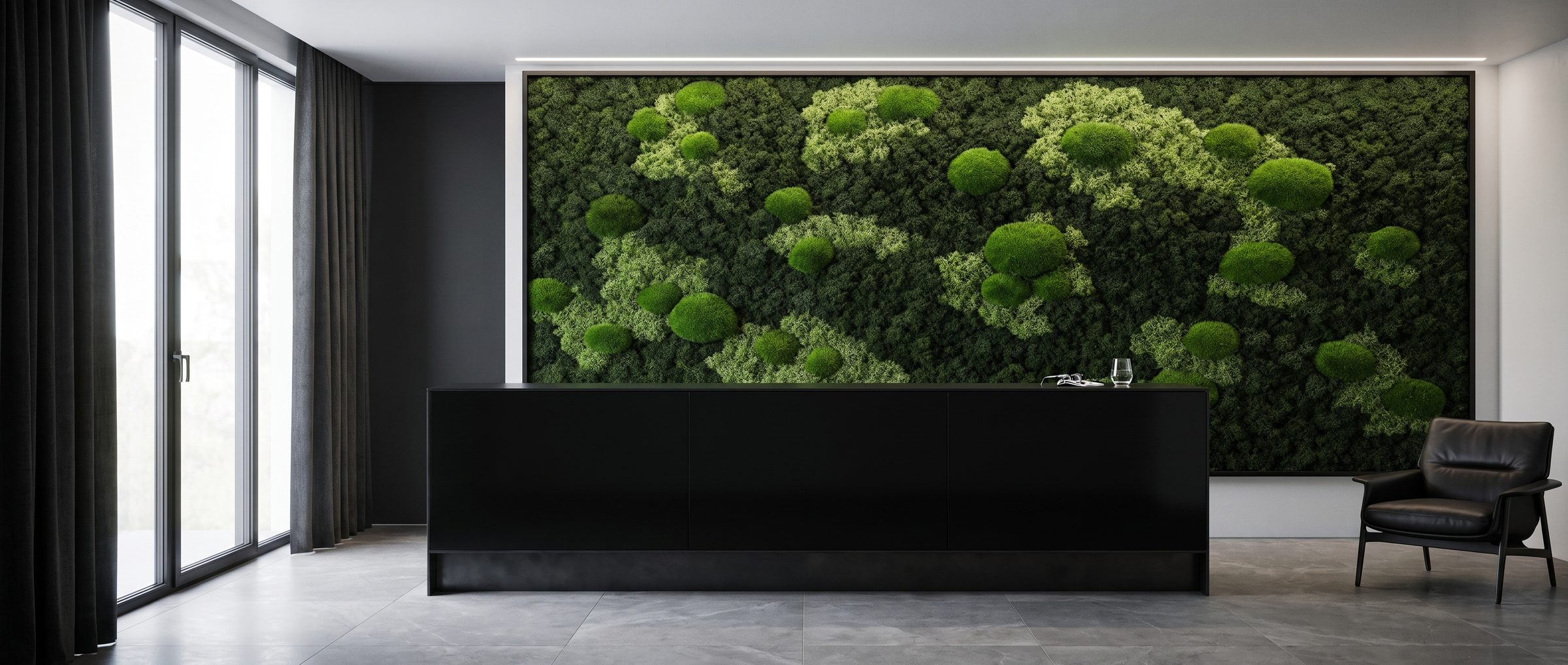 Design study: a preserved-moss wall behind a black reception desk
