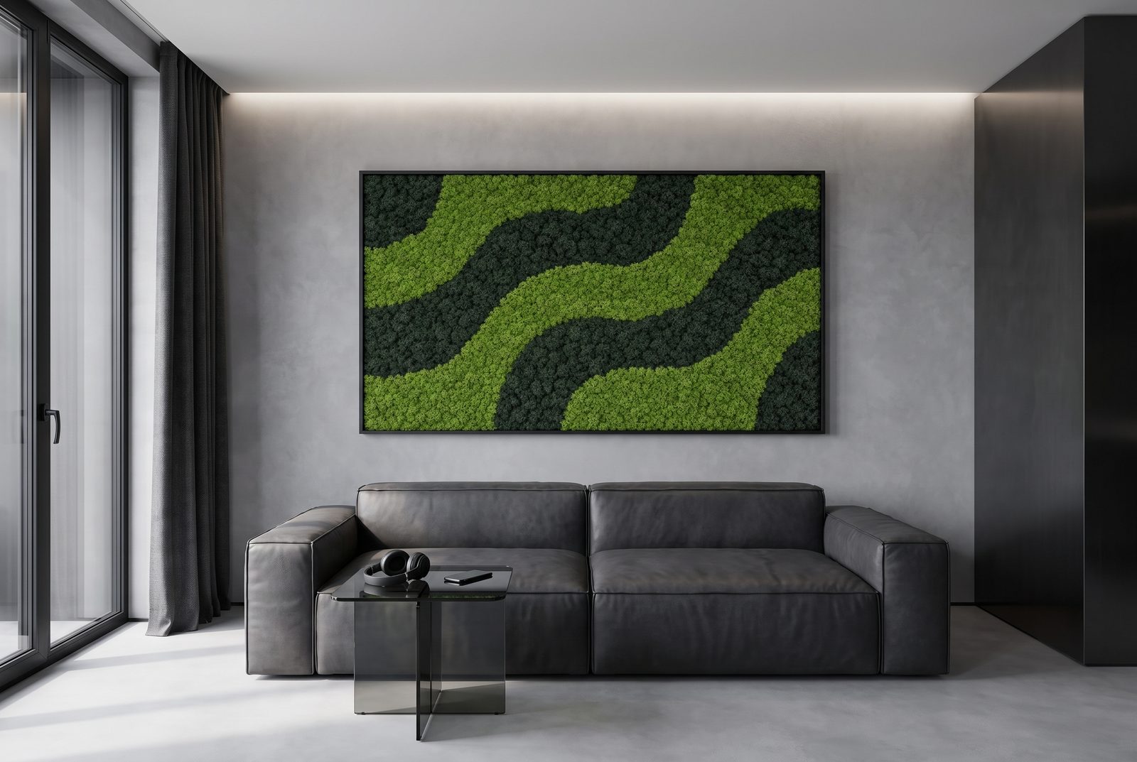 Design study: a flowing two-green moss composition above a sofa