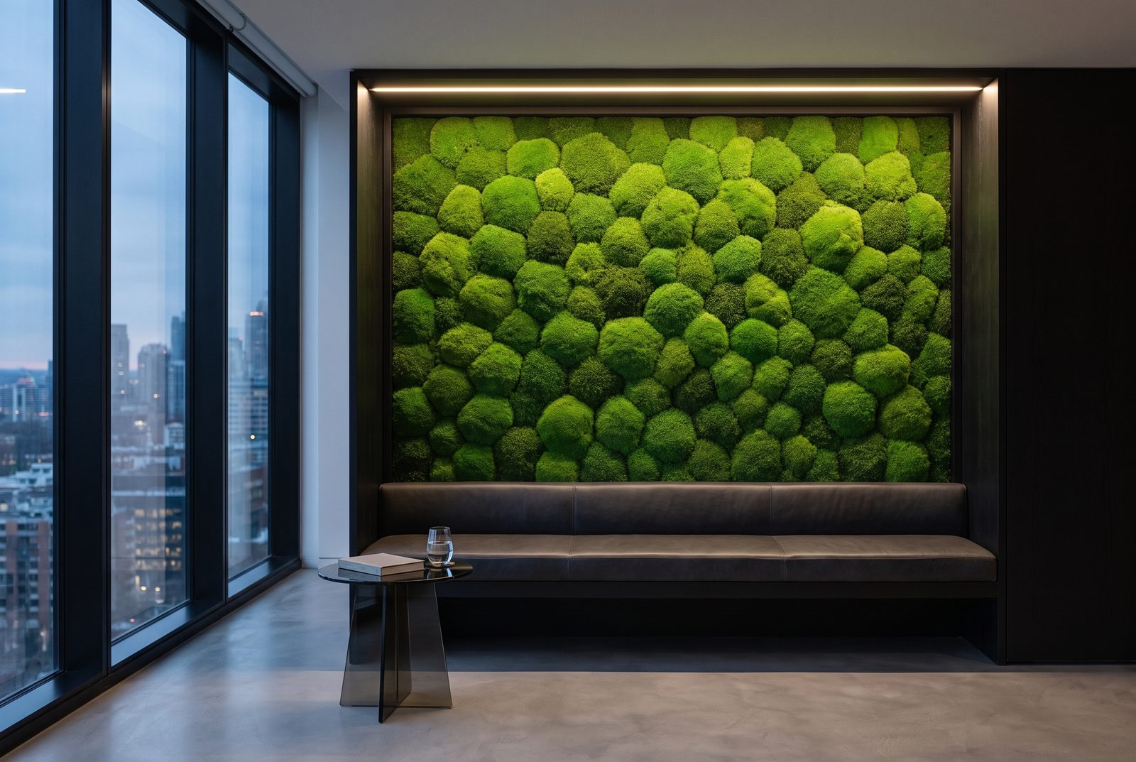 Design study: a ball-moss niche in a hotel lounge at dusk