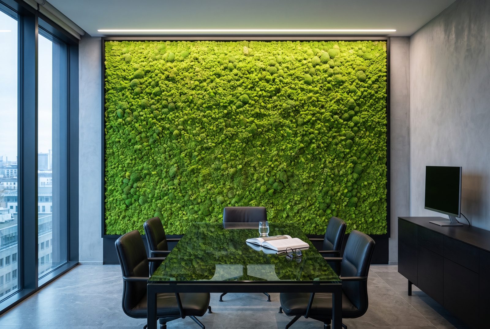 Design study: an Iceland-moss wall at the end of a meeting room