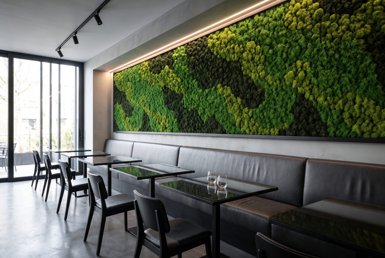 Design study: a moss wall above a restaurant banquette